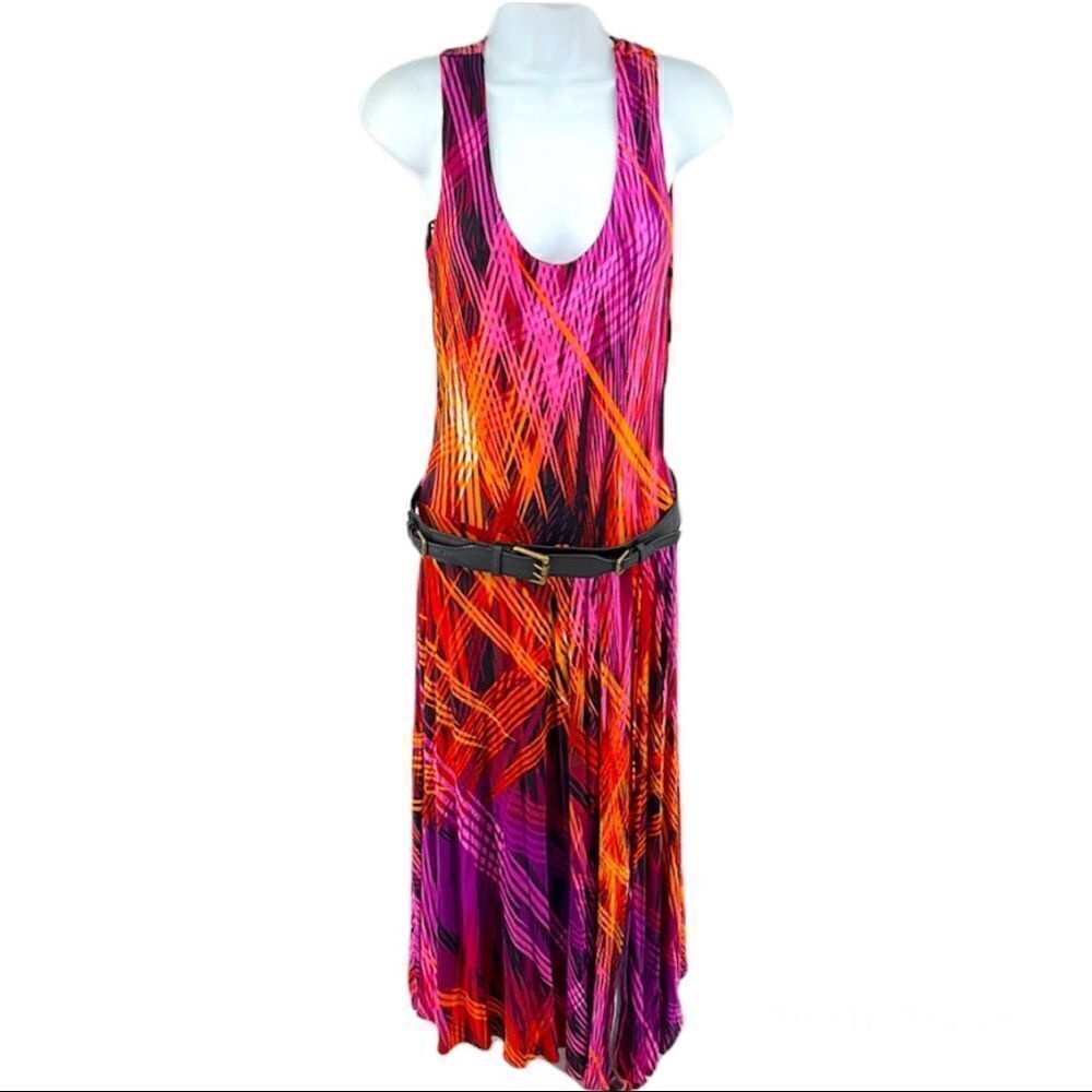 Calvin Klein flowy dress NEW NWT 4 belted maxi graphic fire print purple orange